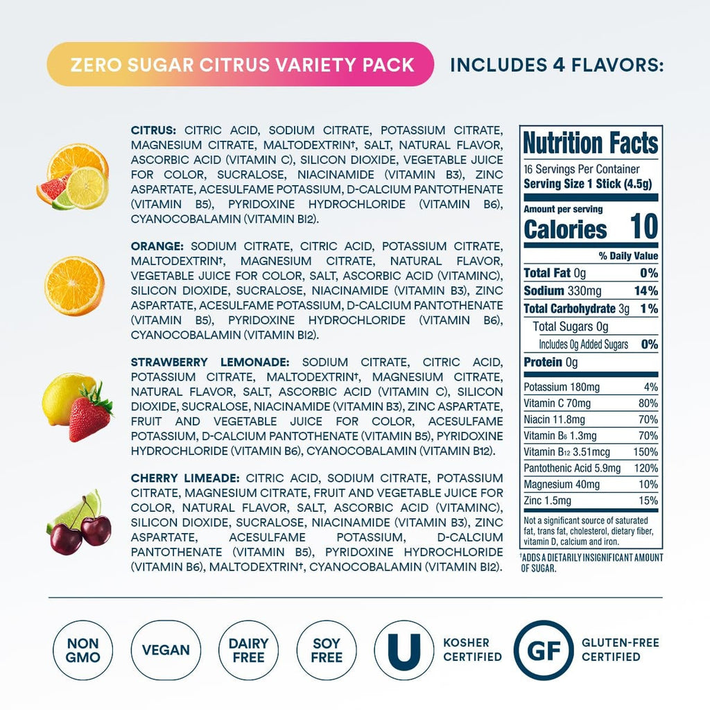 DripDrop Zero Sugar Citrus Variety Pack Electrolyte Powder, 8 oz sticks, 16 count W3