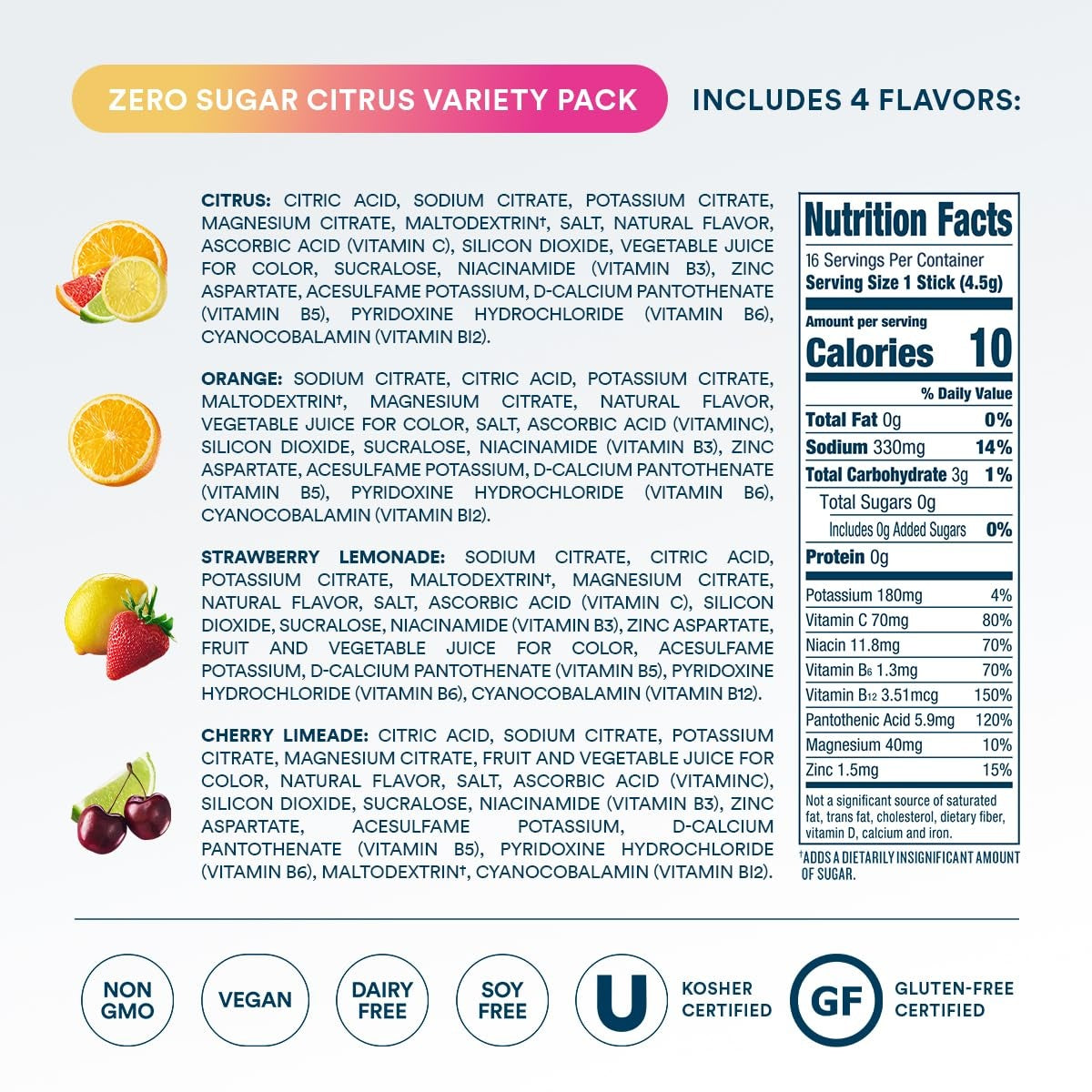 DripDrop Zero Sugar Citrus Variety Pack Electrolyte Powder, 8 oz sticks, 16 count W3