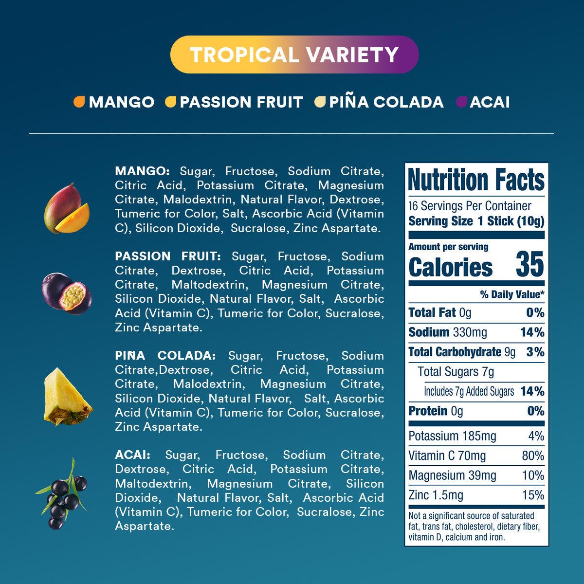 DripDrop Tropical Variety Pack Electrolyte Powder, 8 oz sticks, 16 count I8