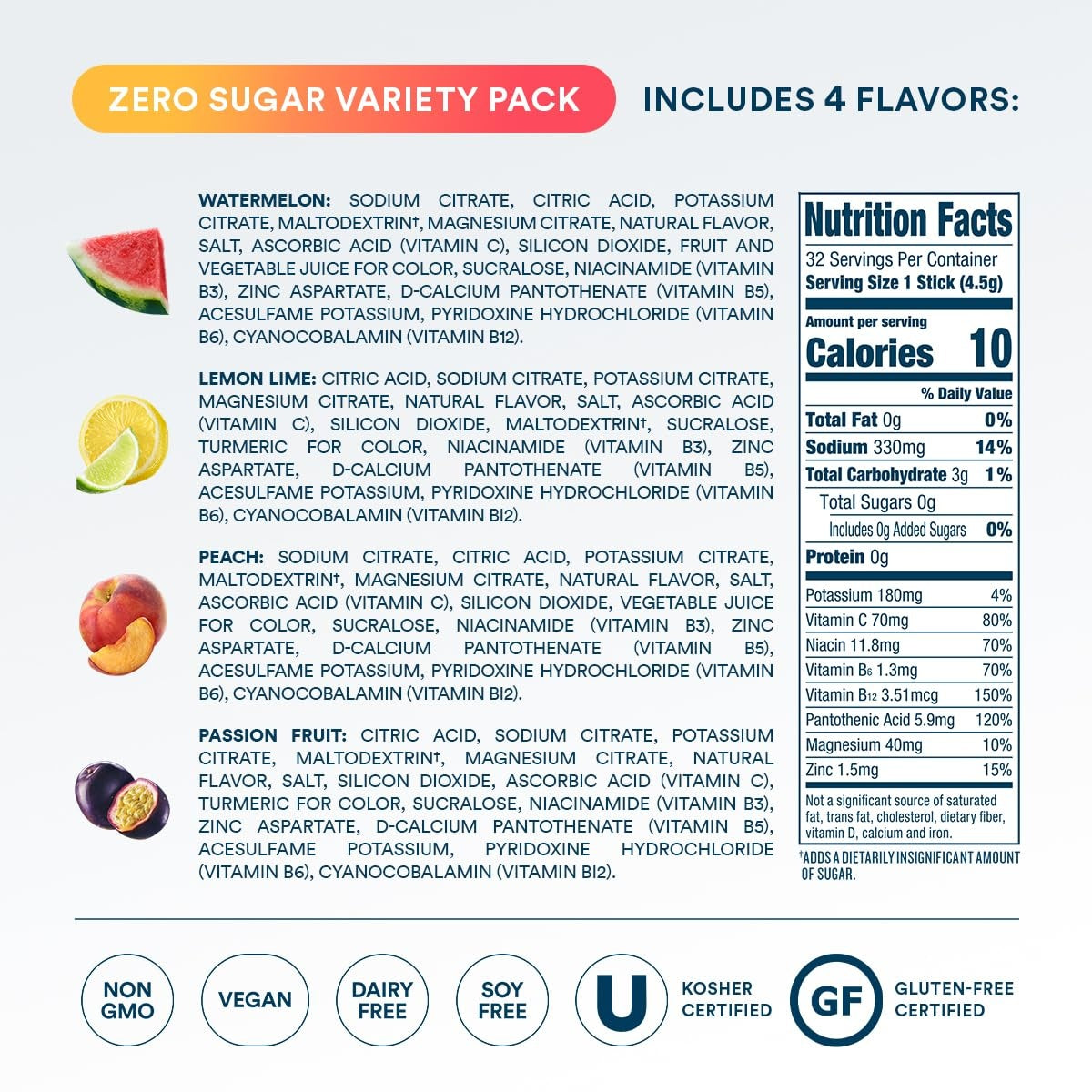 DripDrop Zero Sugar Classic Variety Pack Electrolyte Powder, 8 oz sticks, 32 count L6