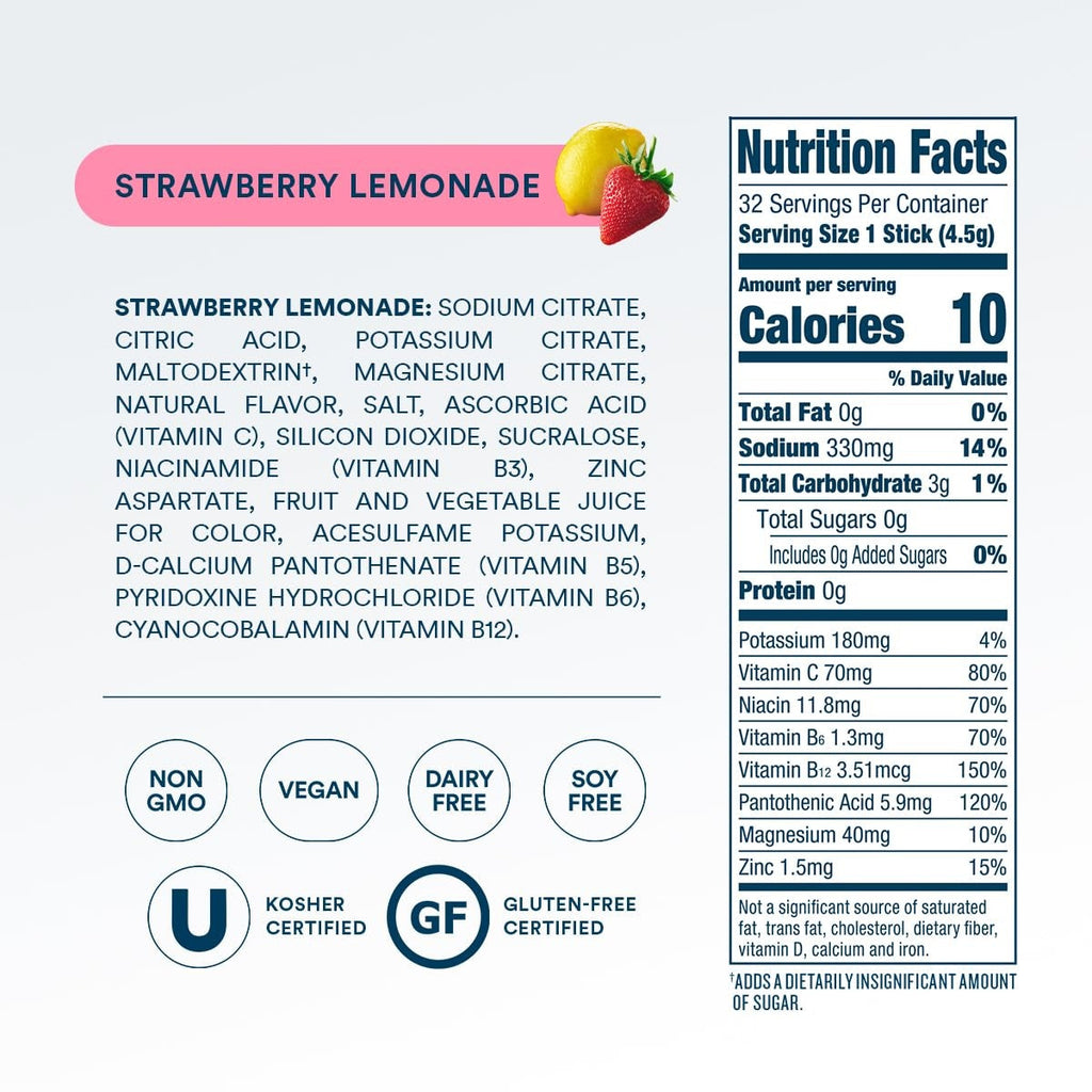 DripDrop Zero Sugar Strawberry Lemonade Electrolyte Powder, 8 oz sticks, 32 count U0