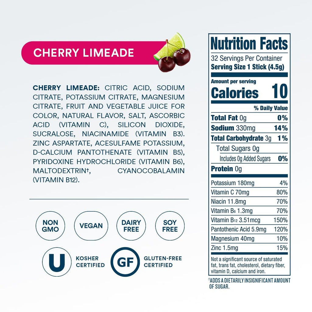DripDrop Zero Sugar Cherry Limeade Electrolyte Powder, 8 oz sticks, 32 count V3