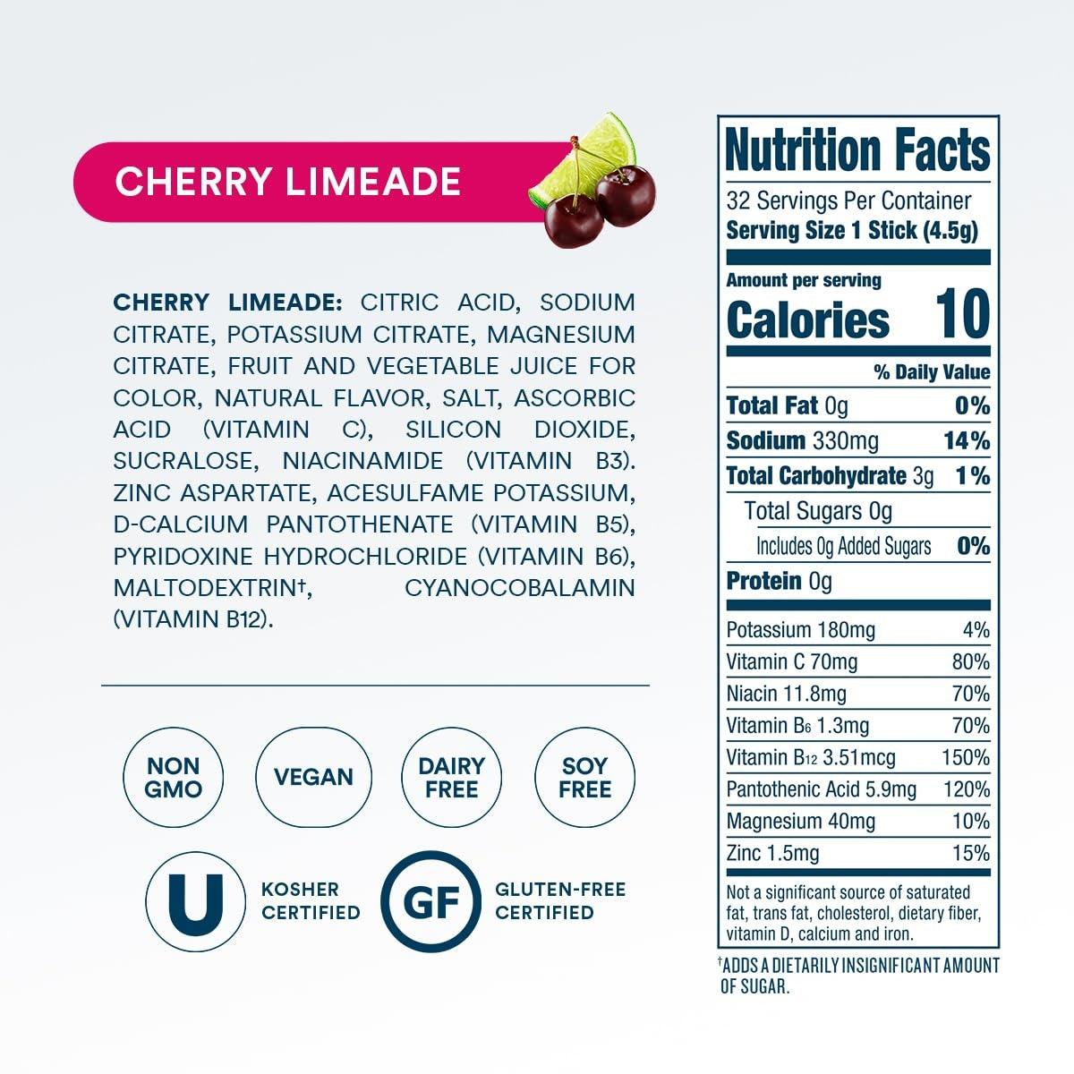 DripDrop Zero Sugar Cherry Limeade Electrolyte Powder, 8 oz sticks, 32 count V3