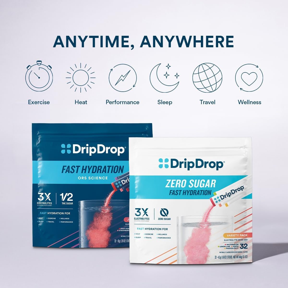 DripDrop Zero Sugar Classic Variety Pack Electrolyte Powder, 8 oz sticks, 16 count E8