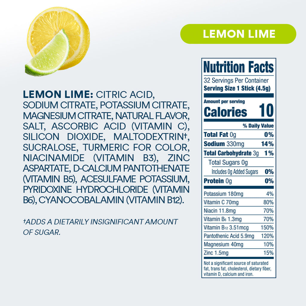 DripDrop Zero Sugar Lemon Lime Electrolyte Powder, 8 oz sticks, 32 count G3