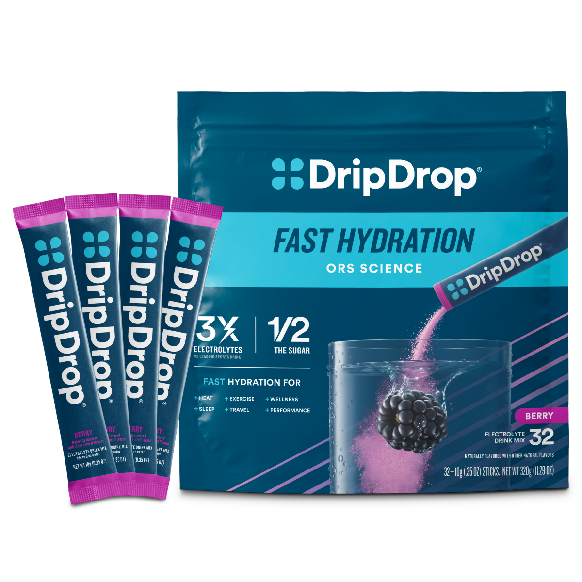 DripDrop Berry Electrolyte Powder, 8 oz sticks, 32 count U3