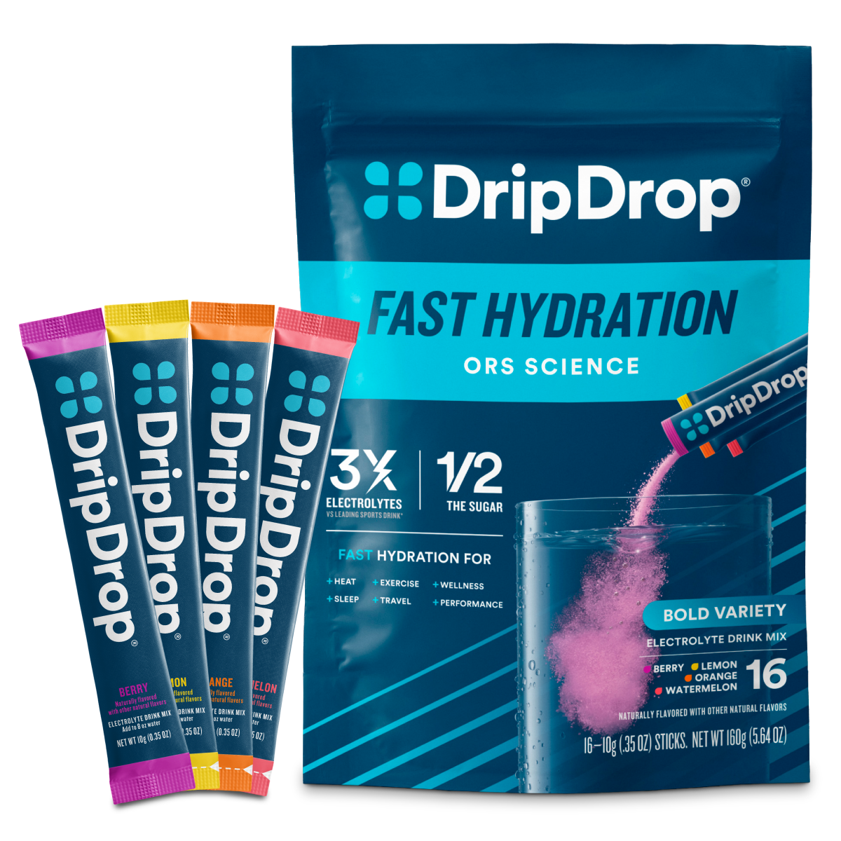 DripDrop Bold Variety Pack Electrolyte Powder, 8 oz sticks, 16 count E2