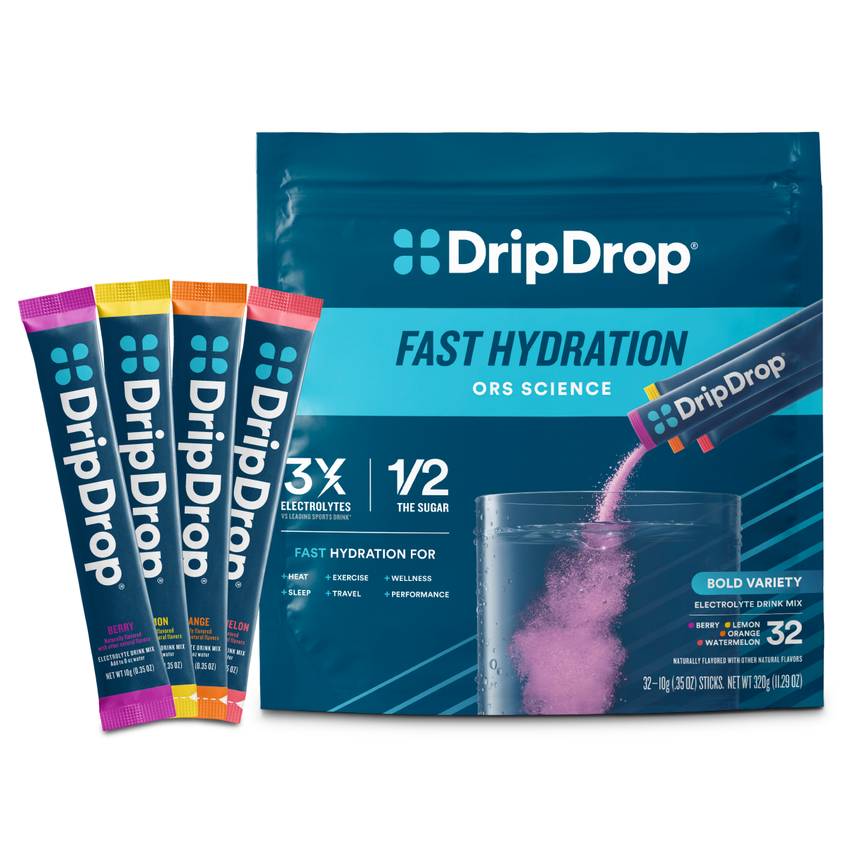DripDrop Bold Variety Pack Electrolyte Powder, 8 oz sticks, 32 count E9