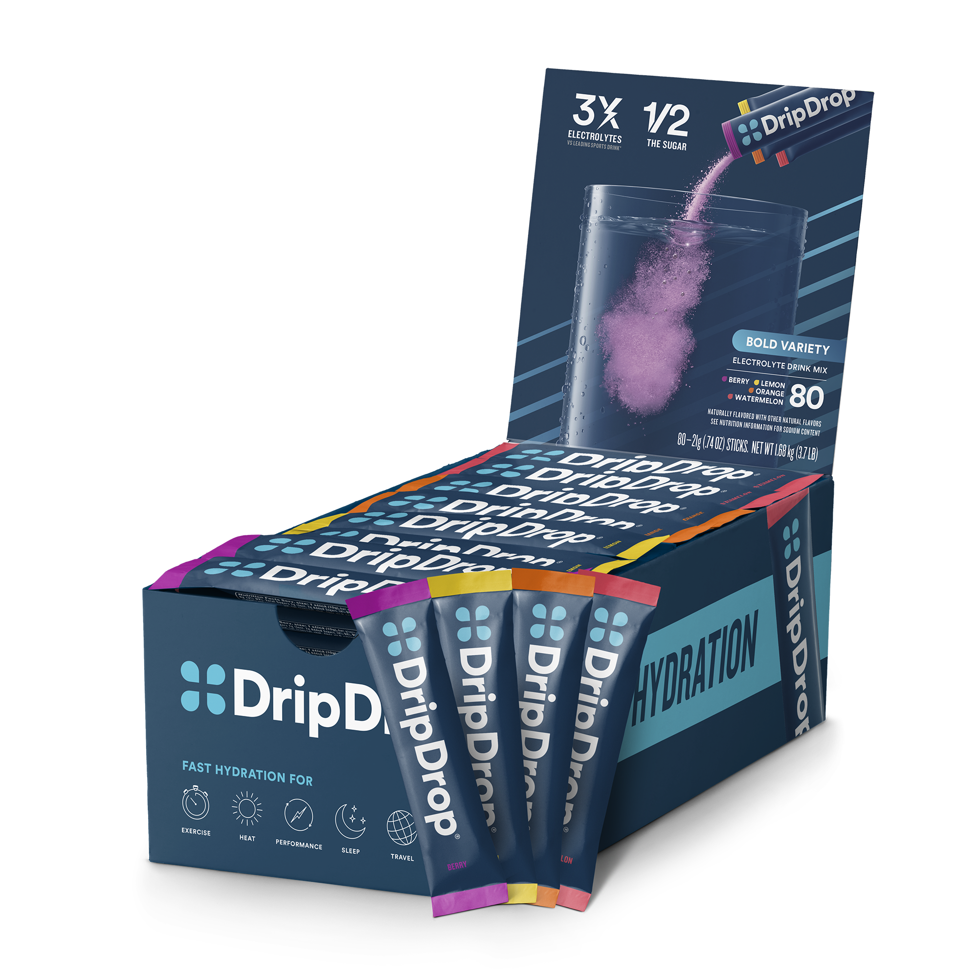 DripDrop Bold Variety Pack Electrolyte Powder, 16 oz sticks, 80 count Y4