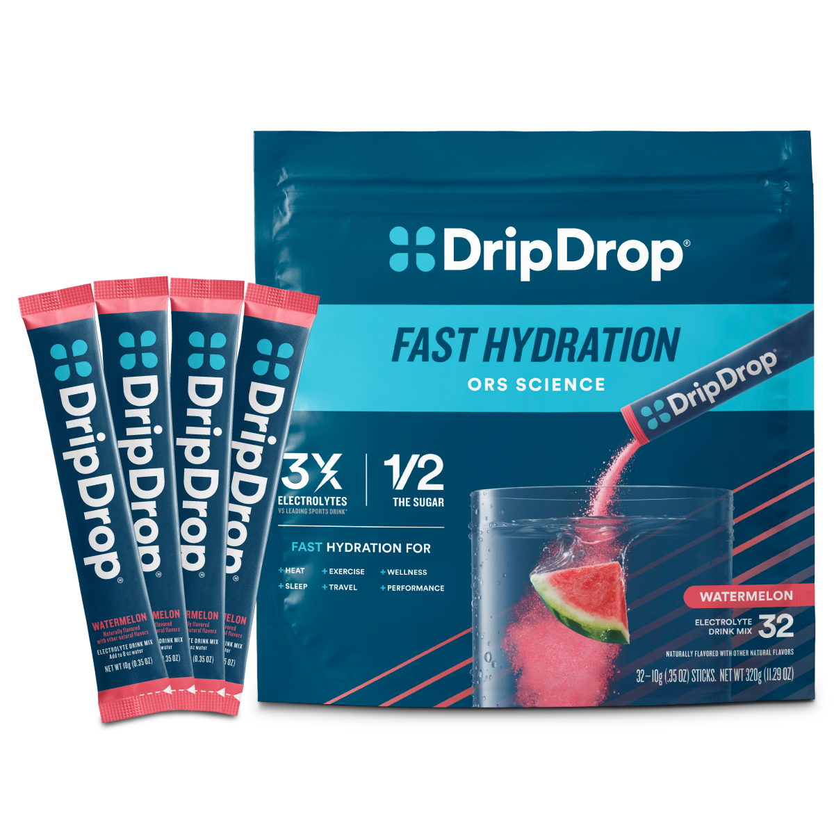 DripDrop Watermelon Electrolyte Powder, 8 oz sticks, 32 count P6