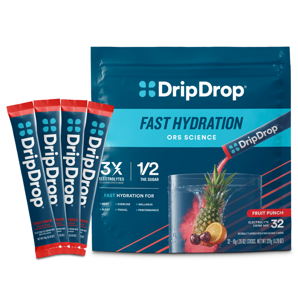 DripDrop Fruit Punch Electrolyte Powder, 8 oz sticks, 32 count D2