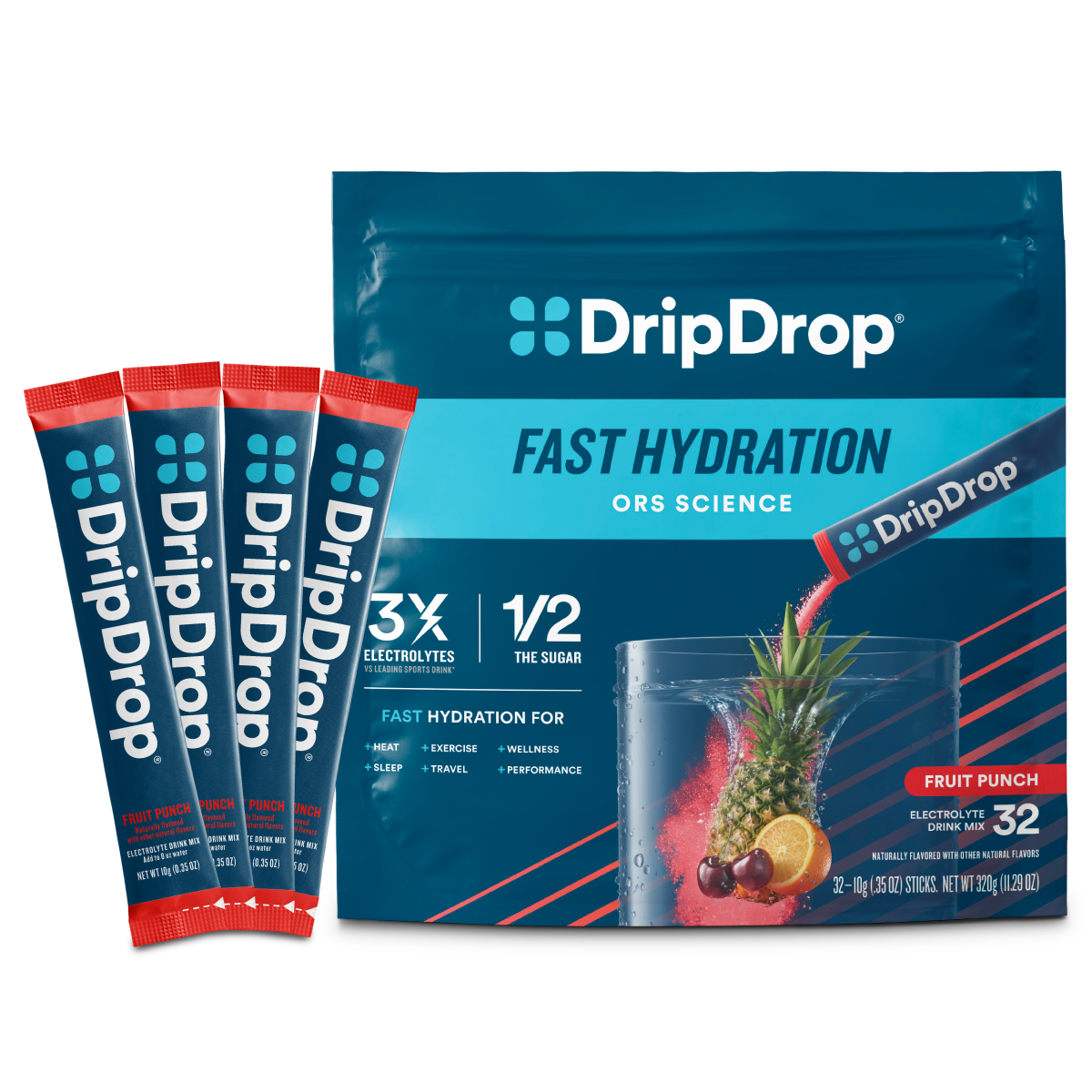 DripDrop Fruit Punch Electrolyte Powder, 8 oz sticks, 32 count D2