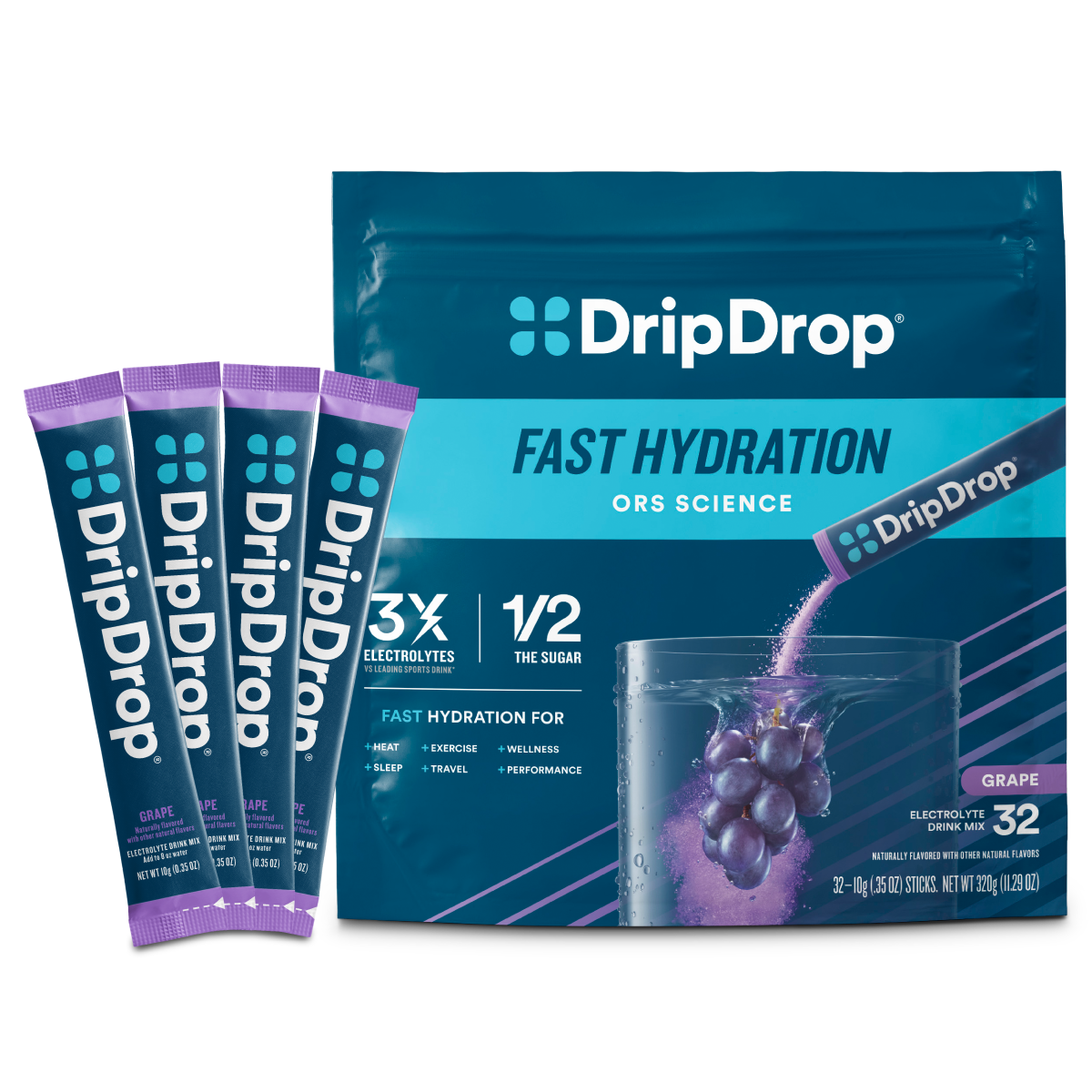 DripDrop Grape Electrolyte Powder, 8 oz sticks, 32 count H0