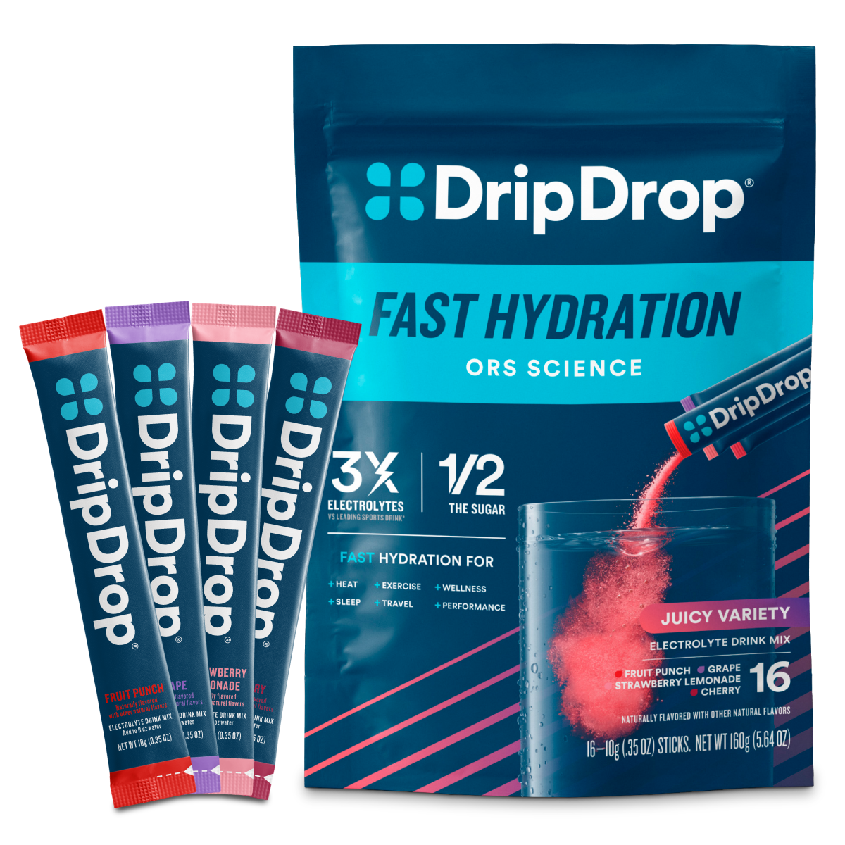 DripDrop Juicy Variety Pack Electrolyte Powder, 8 oz sticks, 16 count P8