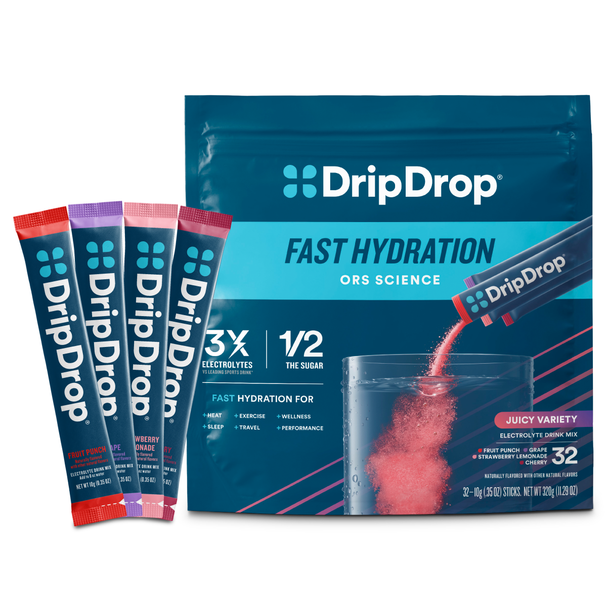 DripDrop Juicy Variety Pack Electrolyte Powder, 8 oz sticks, 32 count C5