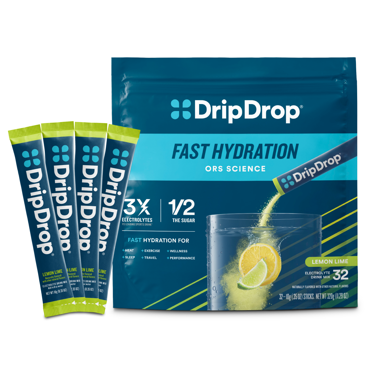 DripDrop Lemon Lime Electrolyte Powder, 8 oz sticks, 32 count E5