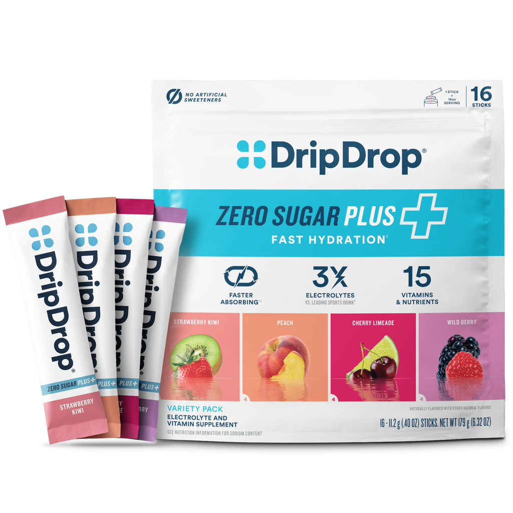 DripDrop Zero Sugar Plus, Strawberry Kiwi, Peach, Cherry Limeade, Wild Berry, 16 oz sticks, 16 count U7