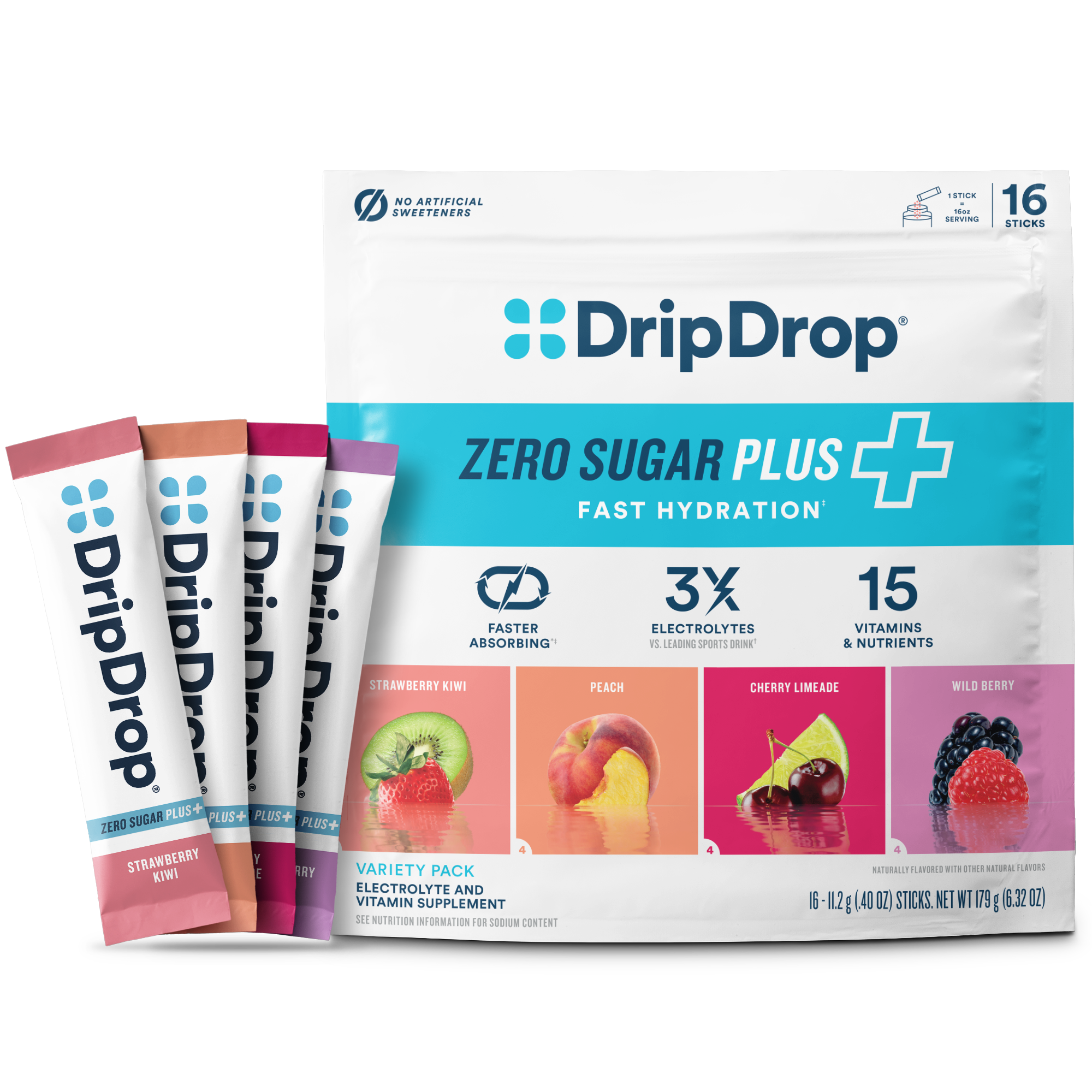 DripDrop Zero Sugar Plus, Strawberry Kiwi, Peach, Cherry Limeade, Wild Berry, 16 oz sticks, 16 count U7