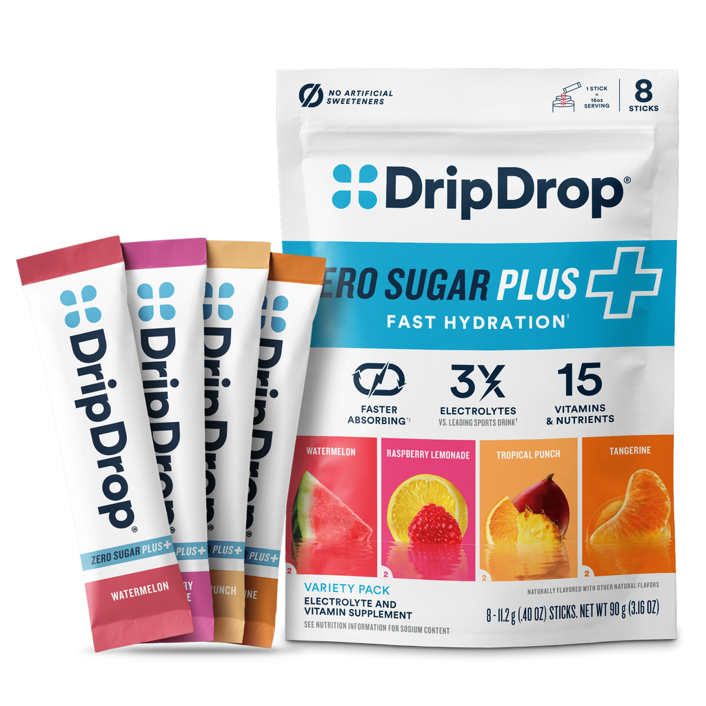 DripDrop Zero Sugar Plus, Watermelon, Tangerine, Tropical Punch, Raspberry Lemonade, 16 oz sticks, 8 count D9