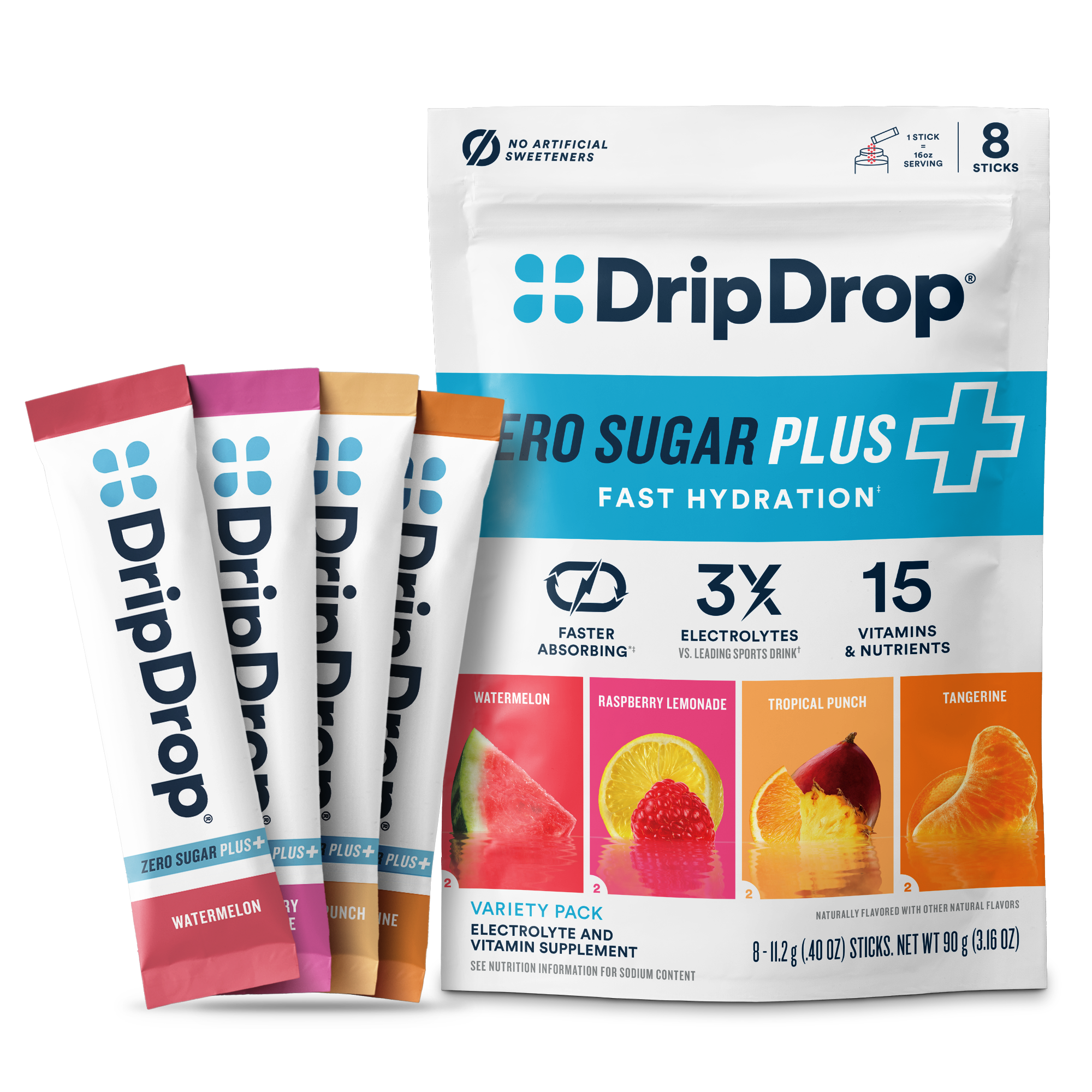 DripDrop Zero Sugar Plus, Watermelon, Tangerine, Tropical Punch, Raspberry Lemonade, 16 oz sticks, 8 count D9