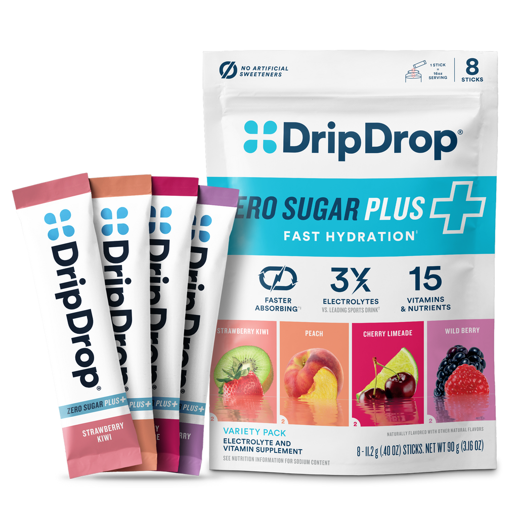 DripDrop Zero Sugar Plus, Strawberry Kiwi, Peach, Cherry Limeade, Wild Berry, 16 oz sticks, 8 count K4