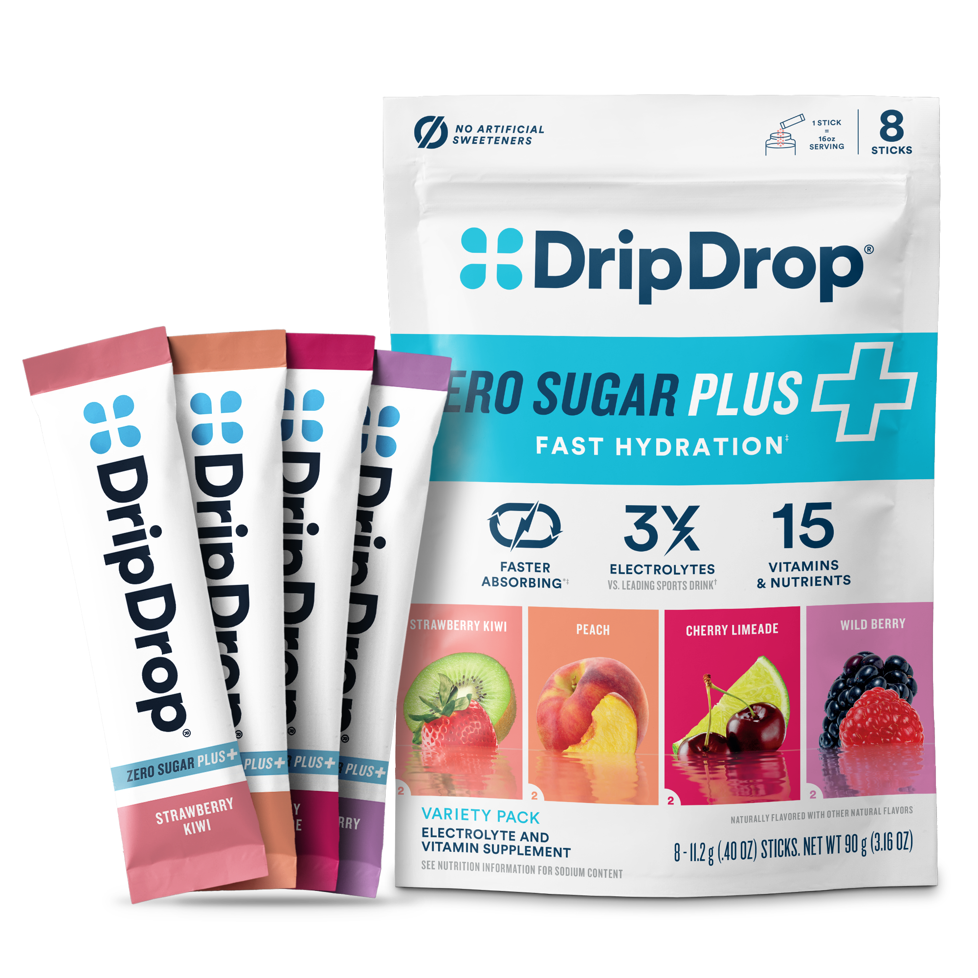 DripDrop Zero Sugar Plus, Strawberry Kiwi, Peach, Cherry Limeade, Wild Berry, 16 oz sticks, 8 count K4