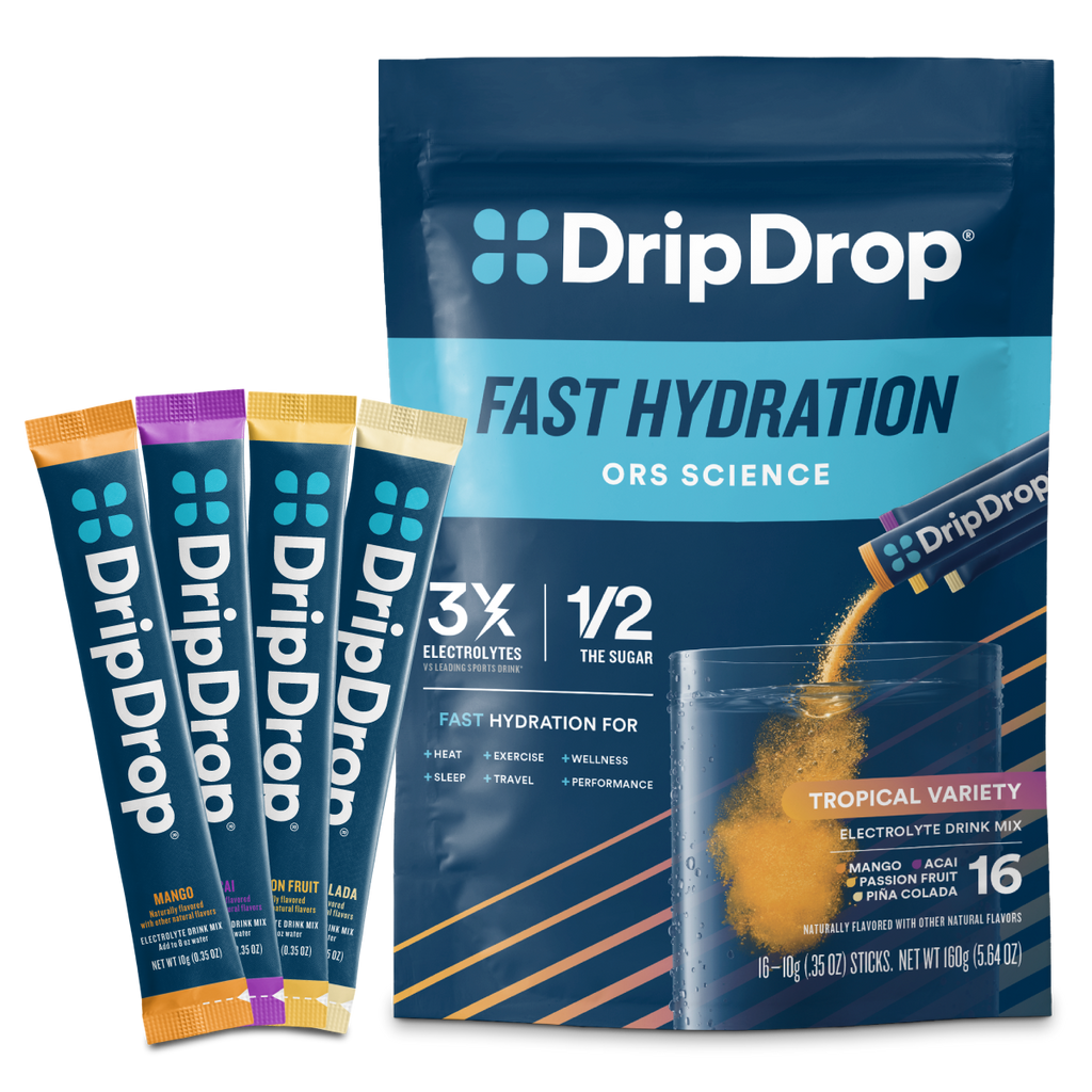 DripDrop Tropical Variety Pack Electrolyte Powder, 8 oz sticks, 16 count I8