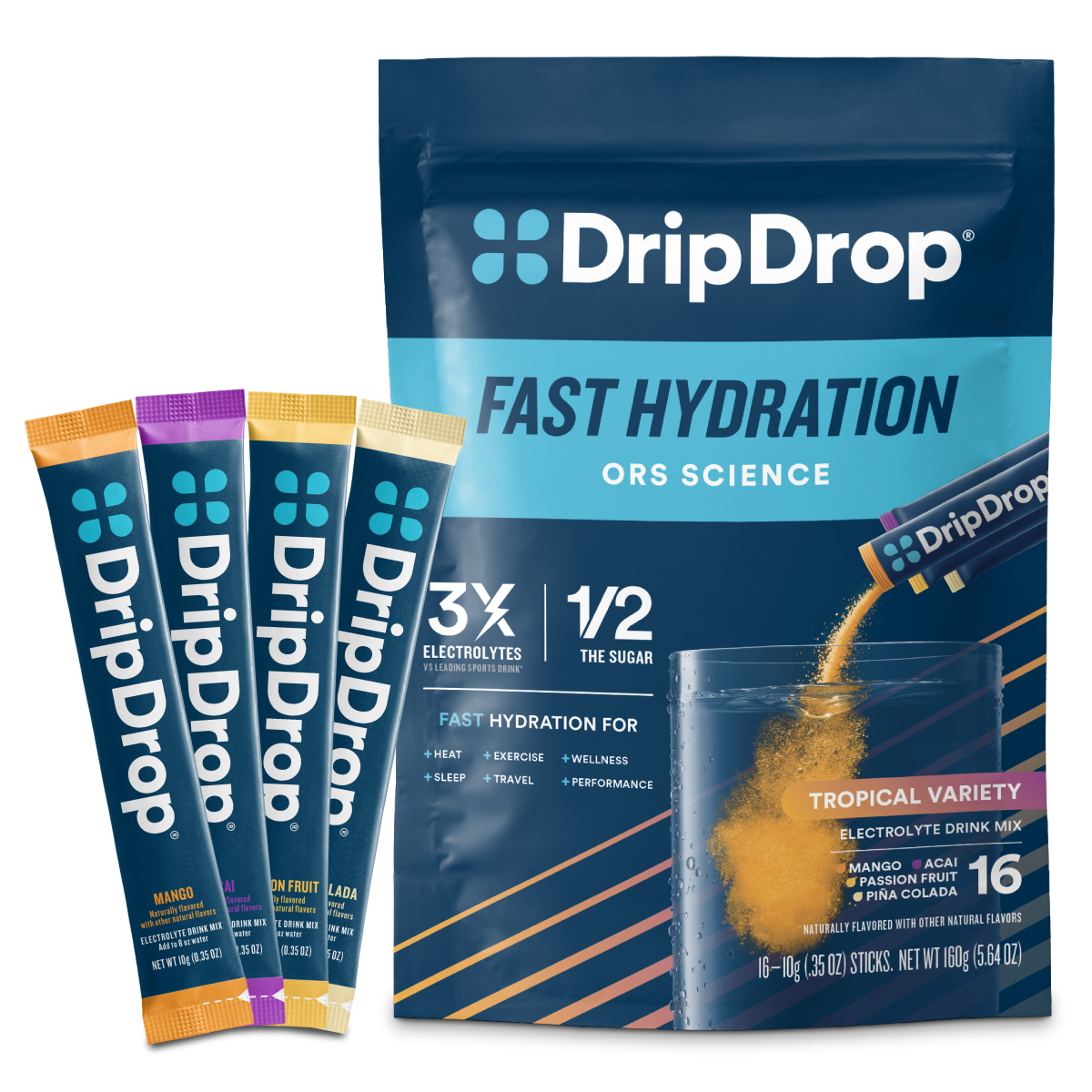 DripDrop Tropical Variety Pack Electrolyte Powder, 8 oz sticks, 16 count I8