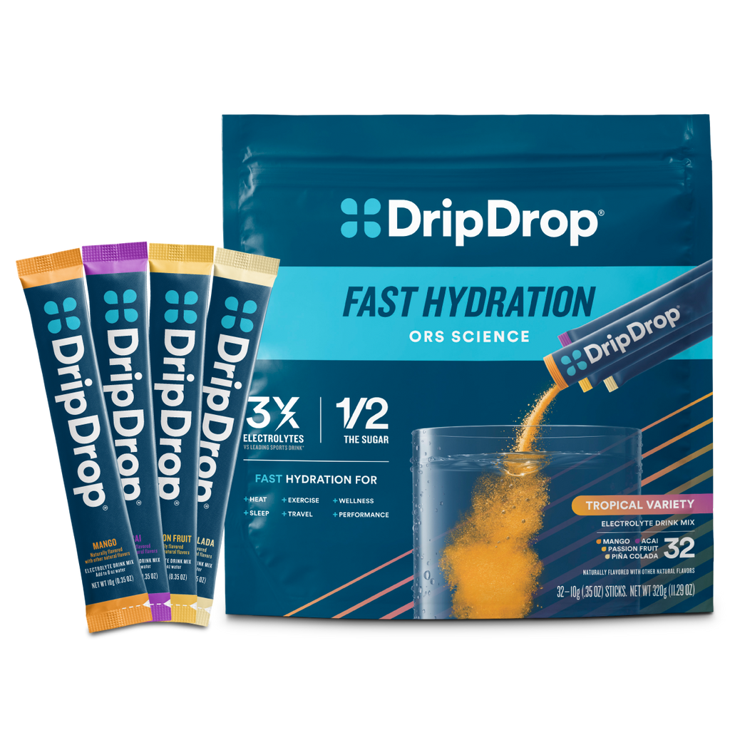 DripDrop Tropical Variety Pack Electrolyte Powder, 8 oz sticks, 32 count Z9