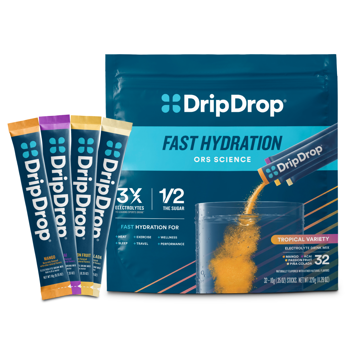 DripDrop Tropical Variety Pack Electrolyte Powder, 8 oz sticks, 32 count Z9