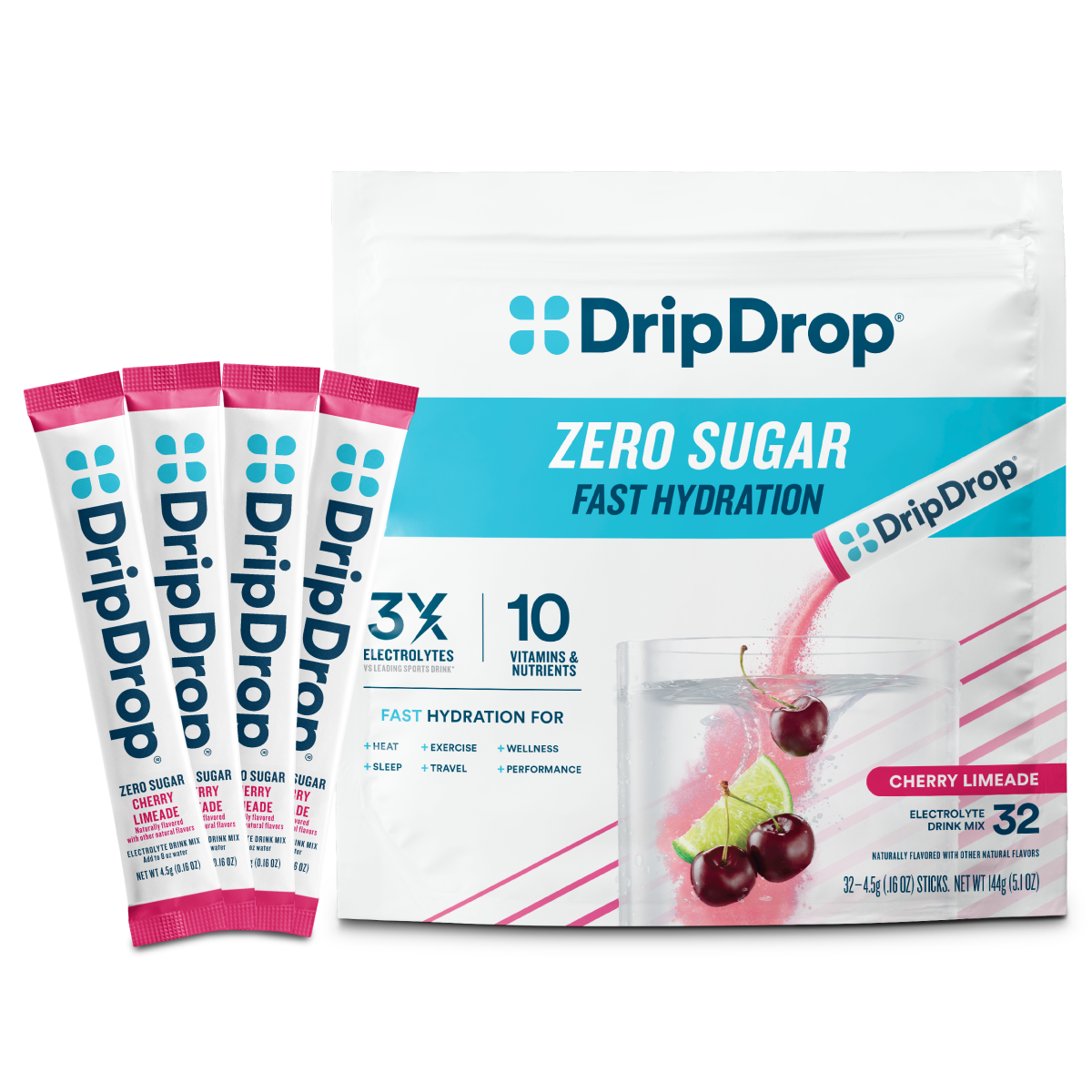 DripDrop Zero Sugar Cherry Limeade Electrolyte Powder, 8 oz sticks, 32 count V3