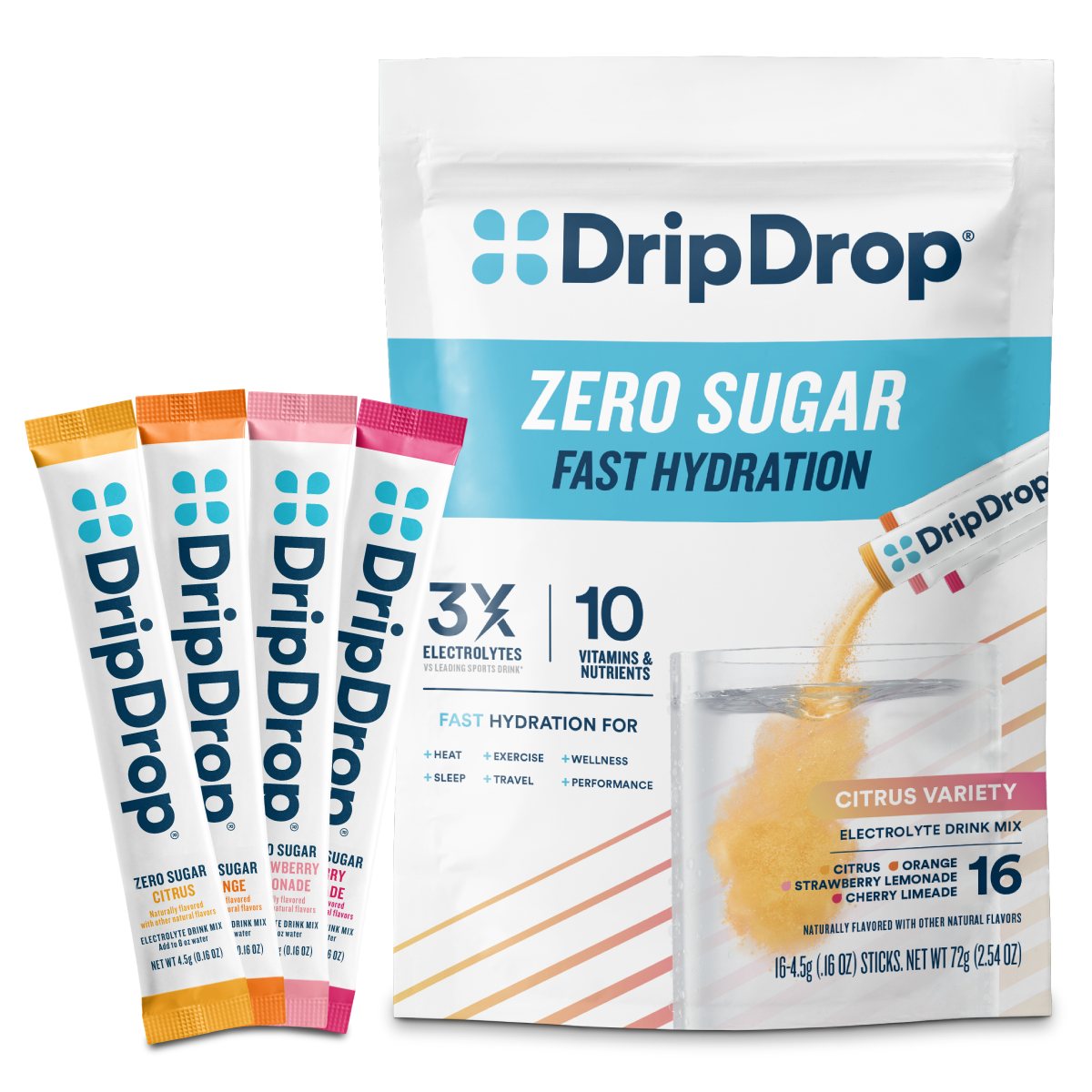 DripDrop Zero Sugar Citrus Variety Pack Electrolyte Powder, 8 oz sticks, 16 count W3