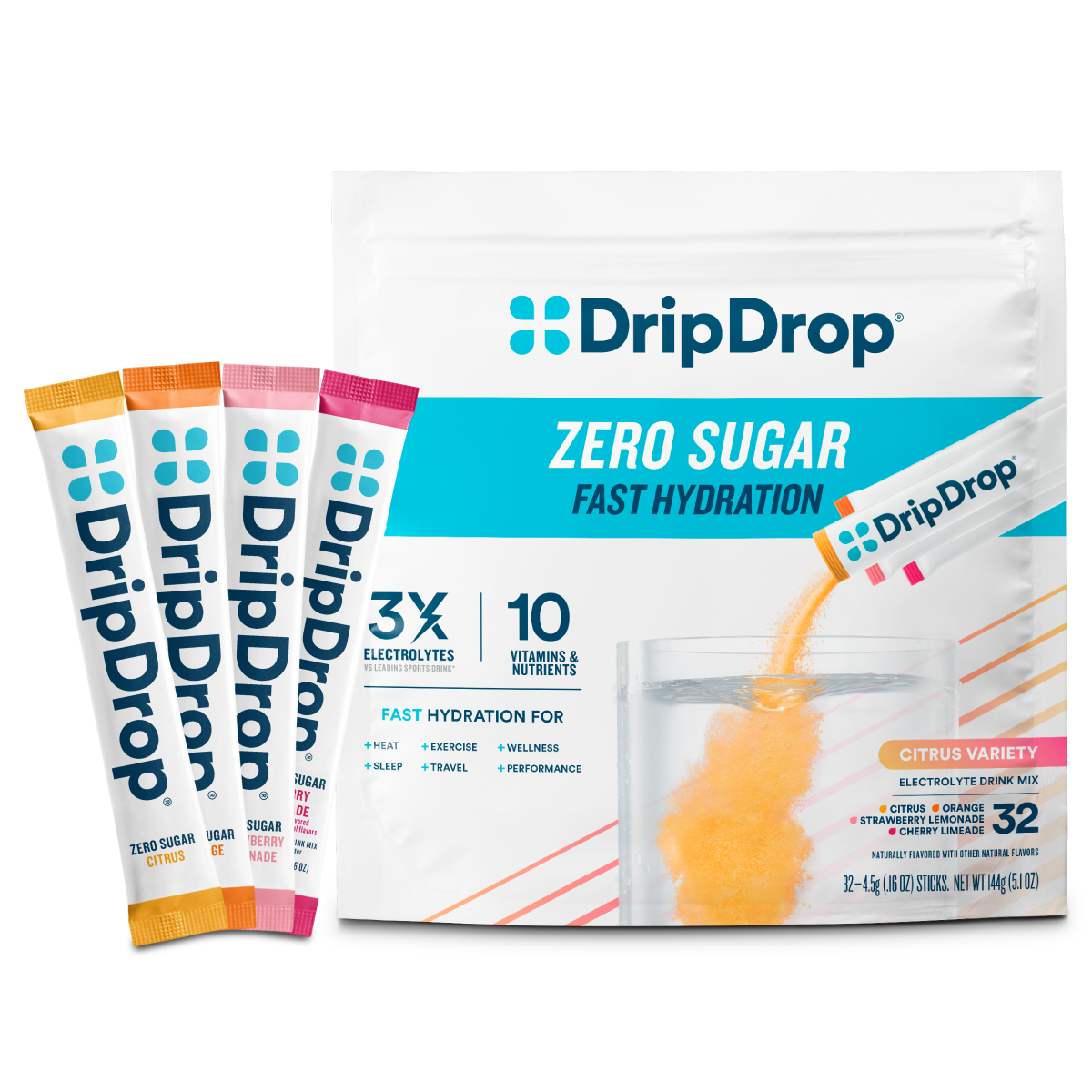 DripDrop Zero Sugar Citrus Variety Pack Electrolyte Powder, 8 oz sticks, 32 count I4