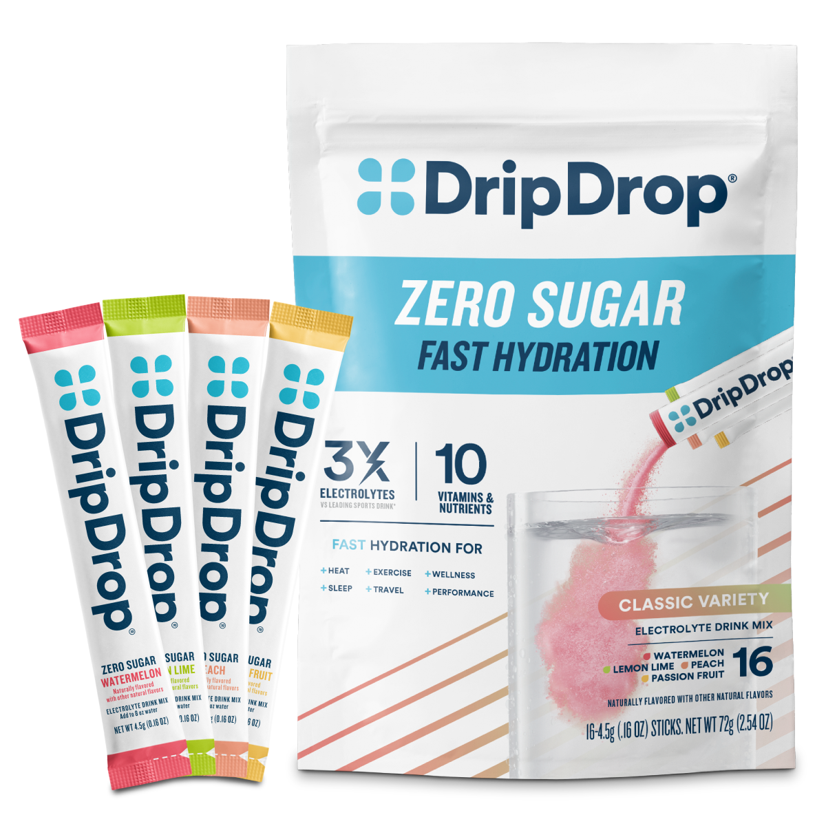 DripDrop Zero Sugar Classic Variety Pack Electrolyte Powder, 8 oz sticks, 16 count E8