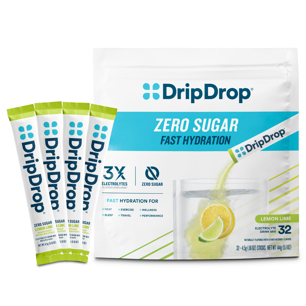 DripDrop Zero Sugar Lemon Lime Electrolyte Powder, 8 oz sticks, 32 count G3