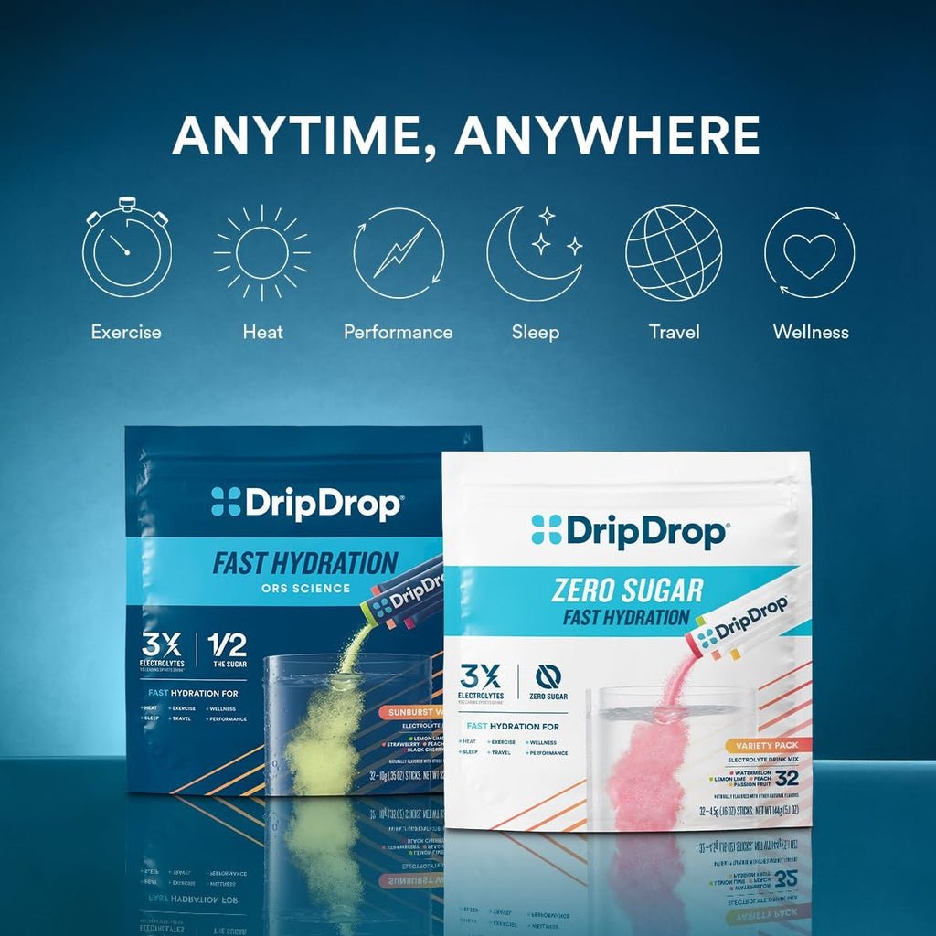 DripDrop Tropical Variety Pack Electrolyte Powder, 8 oz sticks, 16 count I8