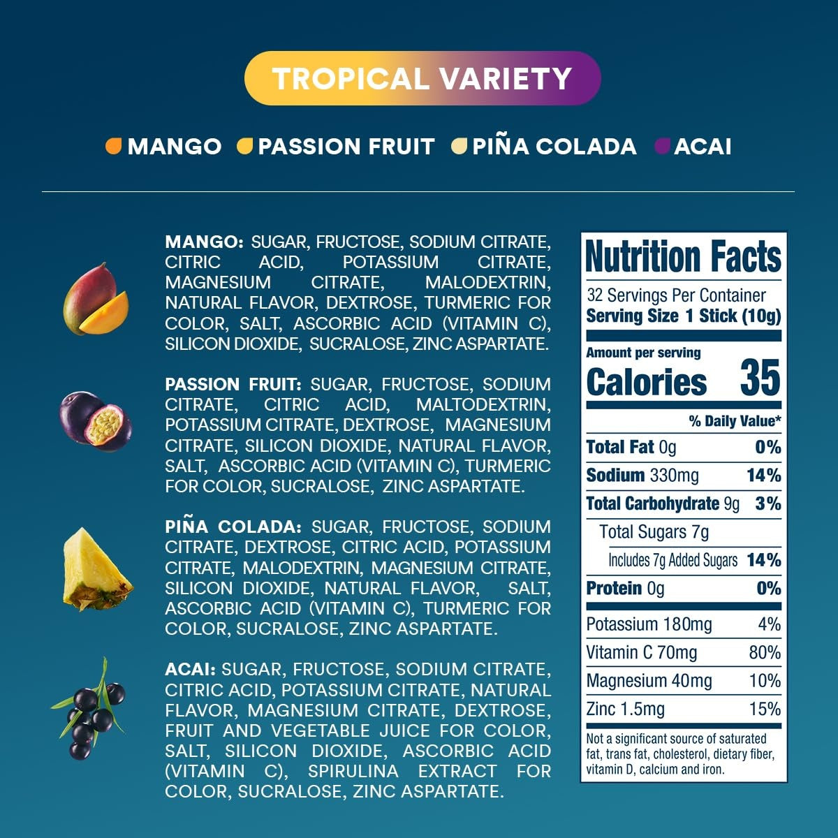 DripDrop Tropical Variety Pack Electrolyte Powder, 8 oz sticks, 32 count Z9