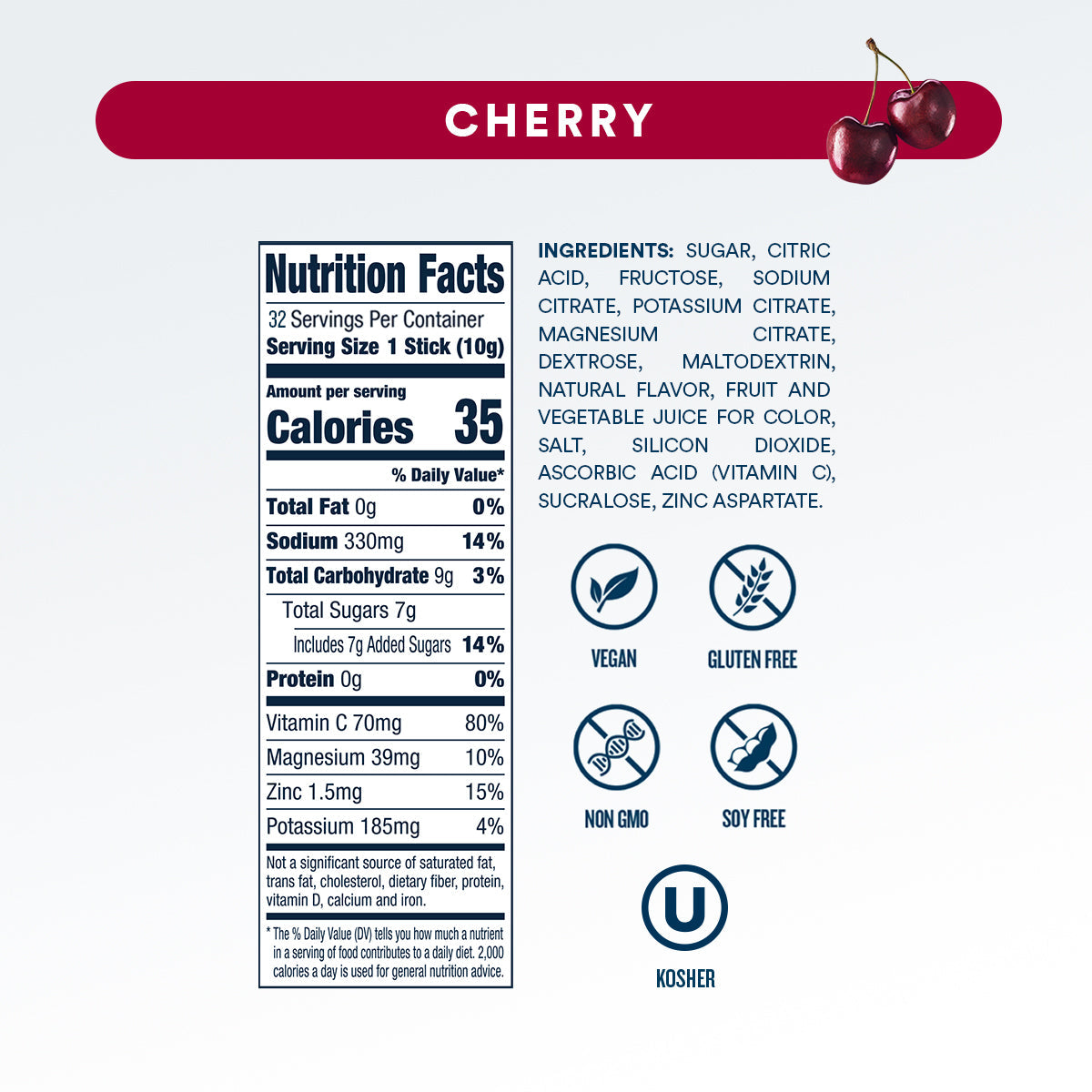 DripDrop Cherry Electrolyte Powder, 8 oz sticks, 32 count Q0