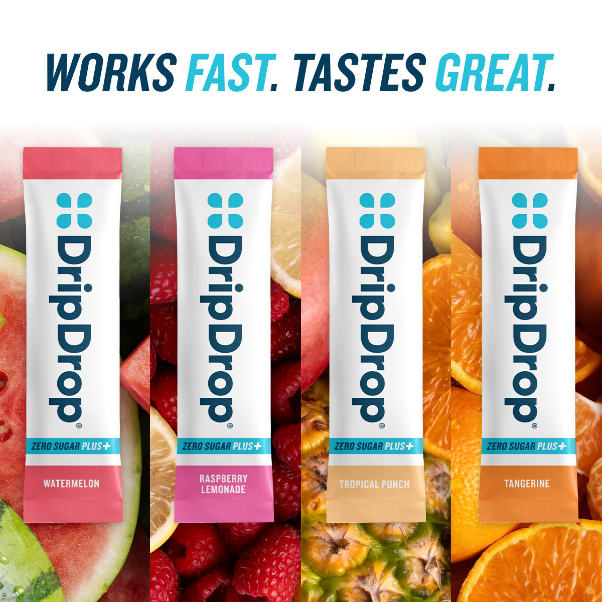 DripDrop Zero Sugar Plus, Watermelon, Tangerine, Tropical Punch, Raspberry Lemonade, 16 oz sticks, 16 count A5