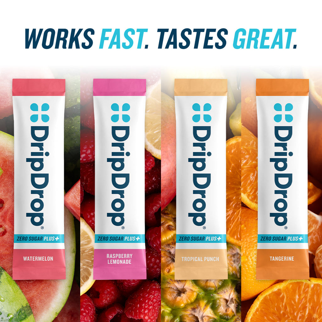 DripDrop Zero Sugar Plus, Watermelon, Tangerine, Tropical Punch, Raspberry Lemonade, 16 oz sticks, 8 count D9