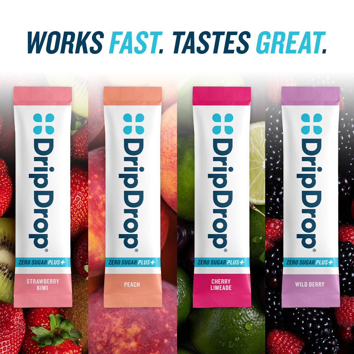DripDrop Zero Sugar Plus, Strawberry Kiwi, Peach, Cherry Limeade, Wild Berry, 16 oz sticks, 8 count K4