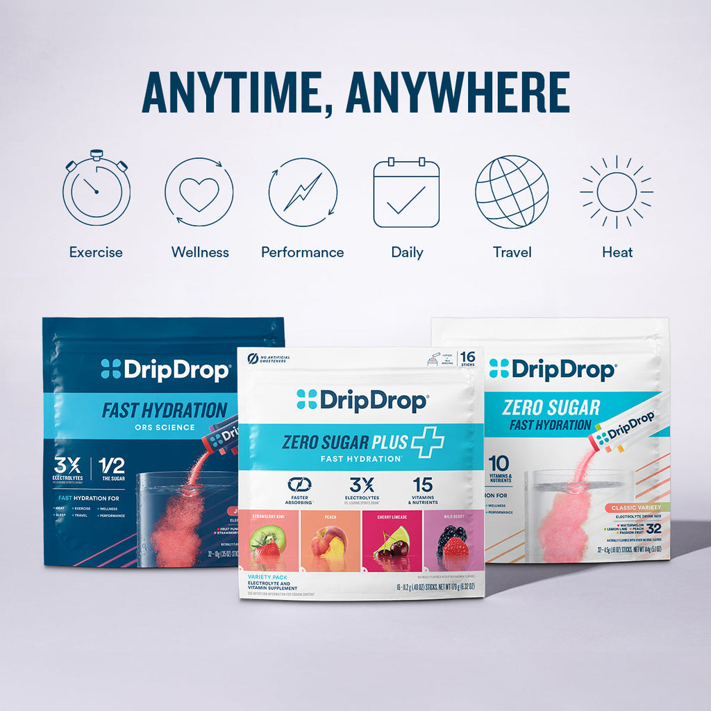 DripDrop Zero Sugar Plus, Strawberry Kiwi, Peach, Cherry Limeade, Wild Berry, 16 oz sticks, 8 count K4