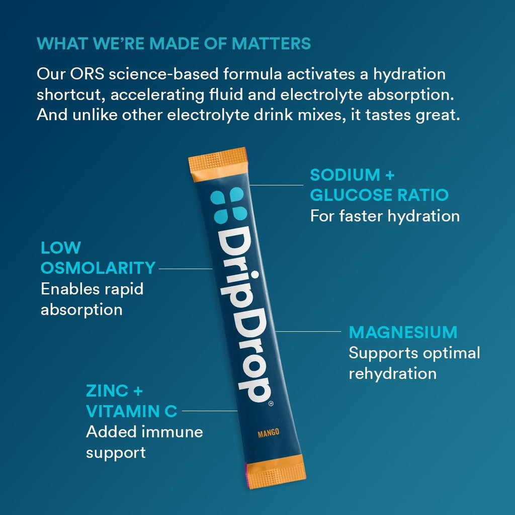 DripDrop Tropical Variety Pack Electrolyte Powder, 8 oz sticks, 32 count Z9